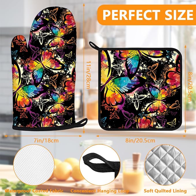 Colorful Butterfly Oven Mitts and Pot Holders Sets 4Pcs, Extra Long Oven Gloves - Image 2