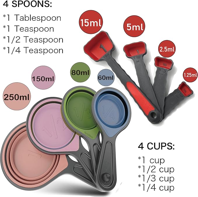 Collapsible Silicone Soft Measuring Cups and Measuring Spoons, 8 pieces - Image 2