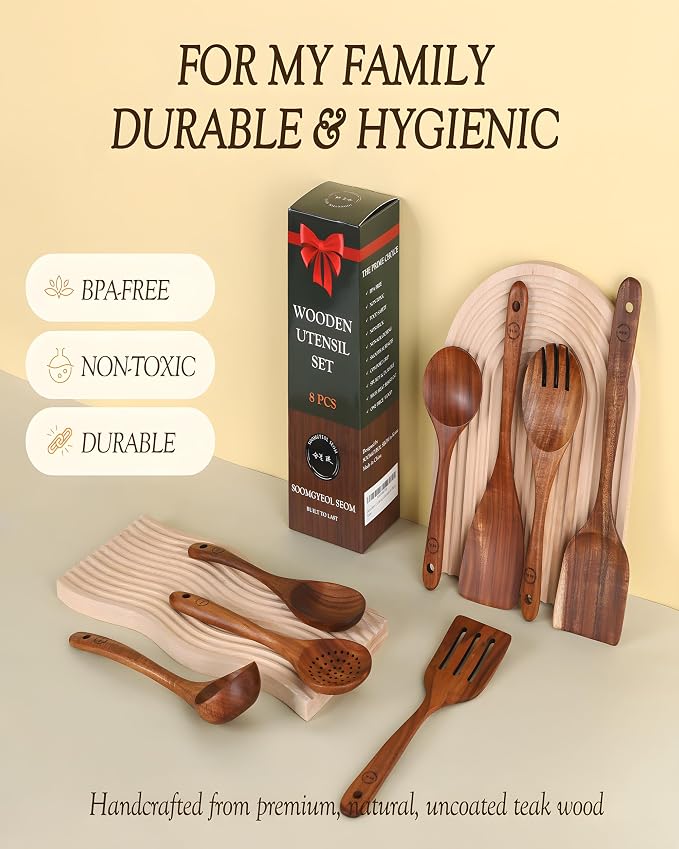 8-Piece Natural Teak Wood Utensil Set - Image 5