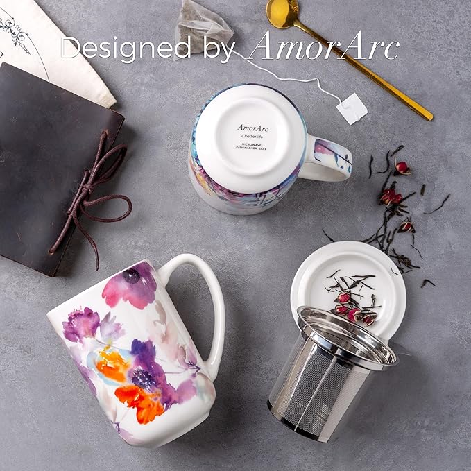AmorArc Porcelain Tea Mug with Infuser and Lids, 18 Oz Large Cup Strainer with - Image 4