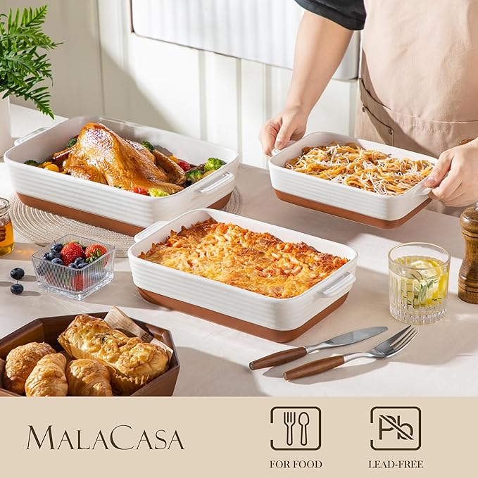 MALACASA Casserole Dishes for Oven, Ceramic Baking Dishes Set of 3, Baking Pan - Image 3