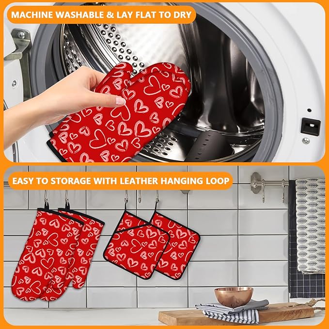 White Love Hearts Oven Mitts and Pot Holders Sets 4Pcs, Extra Long Oven Gloves - Image 5