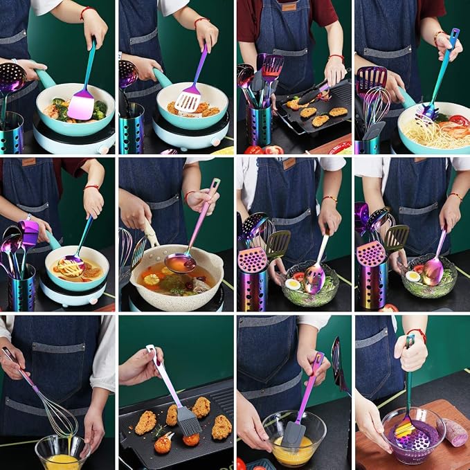 Rainbow Kitchen Utensils Set, 13 Pieces Stainless Steel Cooking Utensils Set - Image 7