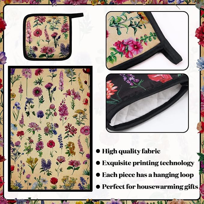 Bencailor 6 Pcs Vintage Wildflower Kitchen Towels Oven Mitts and Pot Holders - Image 5