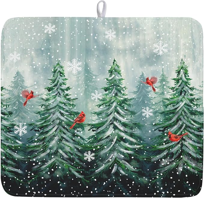 Welcome Winter Pines Tree Dish Drying Mat, Winter Snowflake Dish Drying Mat by Kawani