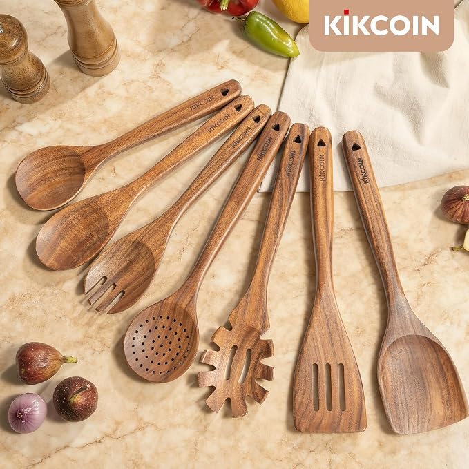 Kikcoin 7 PCS Durable Natural Teak Wooden Cooking Utensils Set, Non Toxic - Image 8