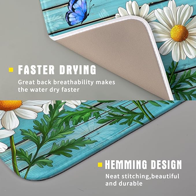 Daisy Dish Drying Mat for Kitchen Counter 16x18in Turquoise Daisy Old Wooden - Image 3
