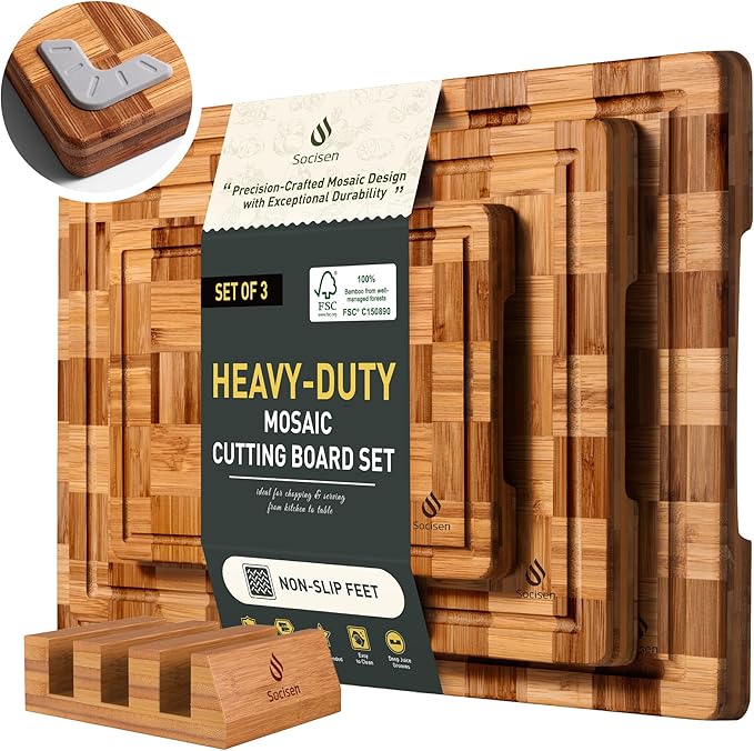 3 Pack Heavy Duty Bamboo Cutting Board Set Non Toxic Wooden Cutting Board by Socisen
