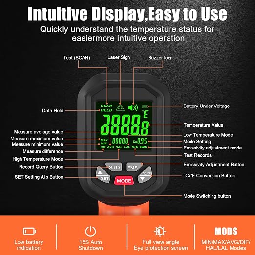 50:1-58°F ~3272°F FKM Infrared Thermometer High Temperature Gun, Non Contact - Image 8