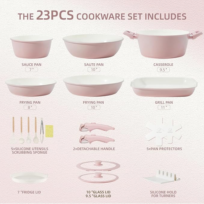 BECIGAR 23pcs Ceramic Pots and Pans Set, Nonstick Detachable Handle Cookware - Image 2