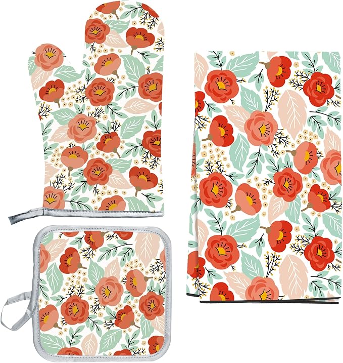 3 Pcs Kitchen Stuff, Kitchen Oven Mitts and Pot Holders Sets by Qchengsan
