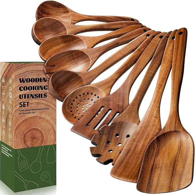 Terlulu 10 Pcs Wooden Spoons for Cooking, Natural Teak Wooden Kitchen Utensils by Terlulu