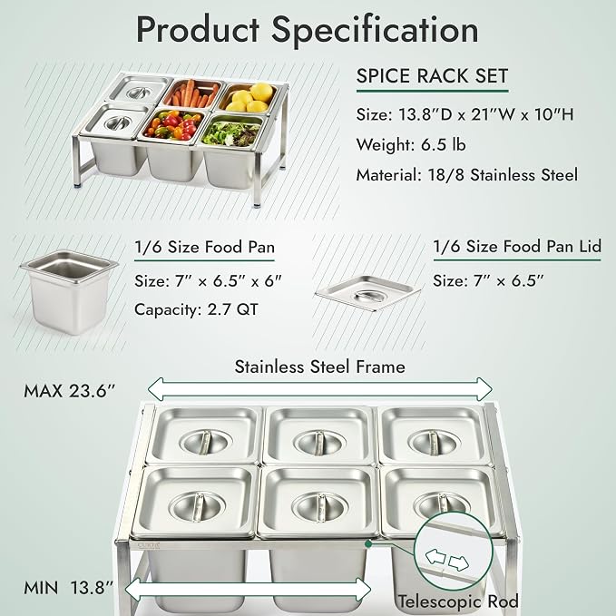 CURTA Expandable 18/8 Stainless Steel Spice Rack Set, NSF Certified, 2-Tier - Image 5