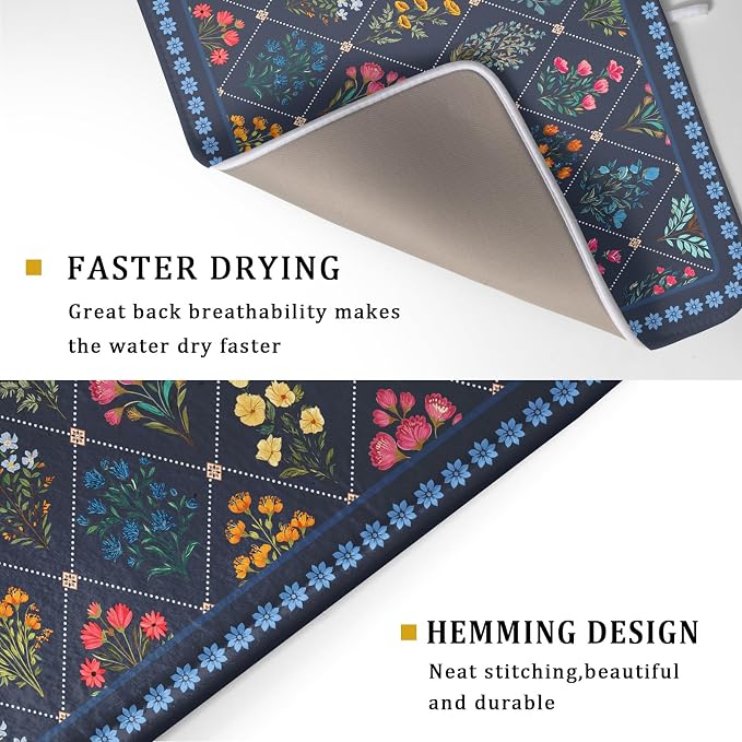 Lapis Blue Dish Drying Mat for Kitchen Counter Flowers Microfiber Absorbent - Image 3