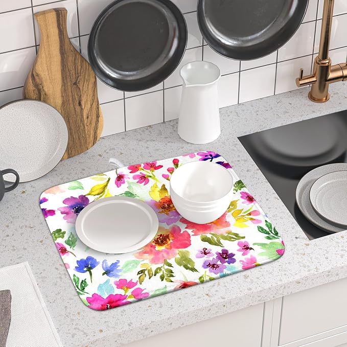 Spring Floral Dish Drying Mat for Kitchen Counter Flower Microfiber Absorbent - Image 6