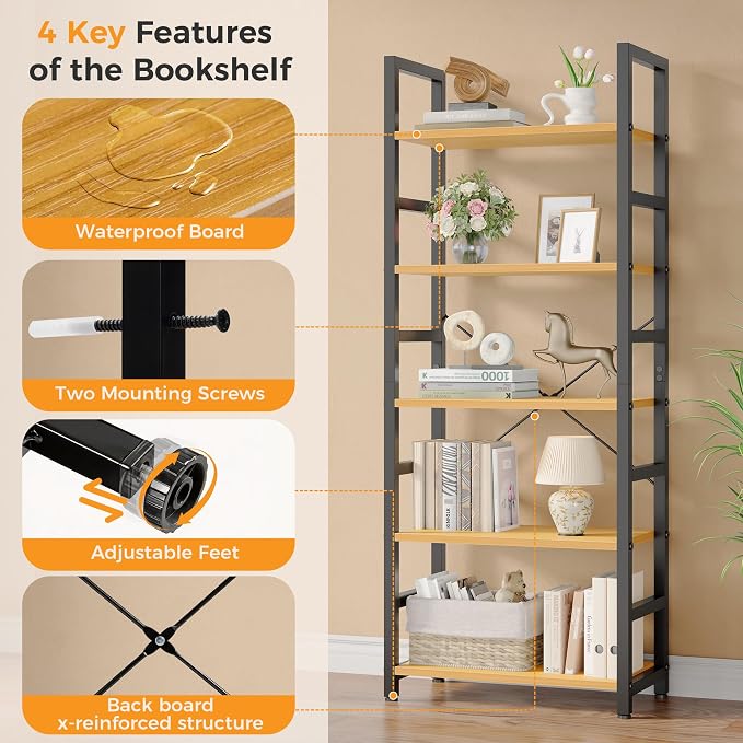 DUMOS 5-Tier Bookshelf, Modern Tall Bookcase, Open Storage Display Shelf - Image 8