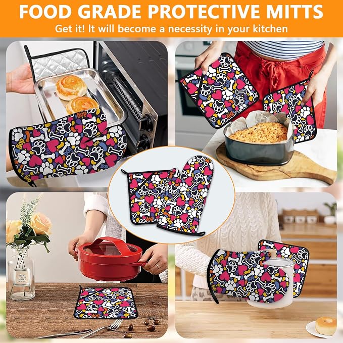 Paw Prints Oven Mitts and Pot Holders Sets 4Pcs, Extra Long Oven Gloves - Image 7