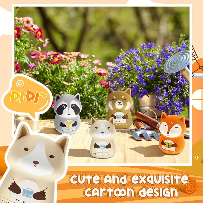 Amylove 4 Pieces Cute Kitchen Timer Animal Mechanical Manual Fox Raccoon Bear - Image 6