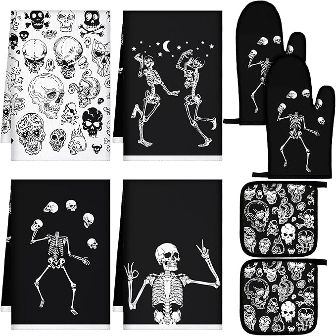 Leinuosen 8 Pcs Skull Kitchen Decor Set Kitchen Towels Gothic Oven Mitts and by Leinuosen