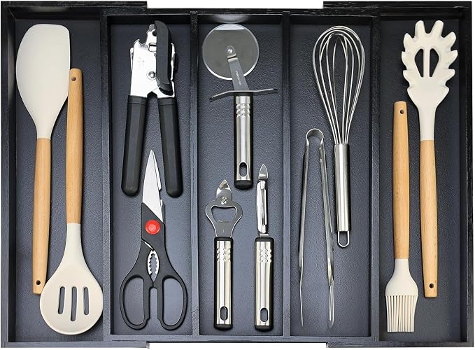 Expandable Large Kitchen Utensil Drawer Organizer Storage Black Bamboo by Hilislog