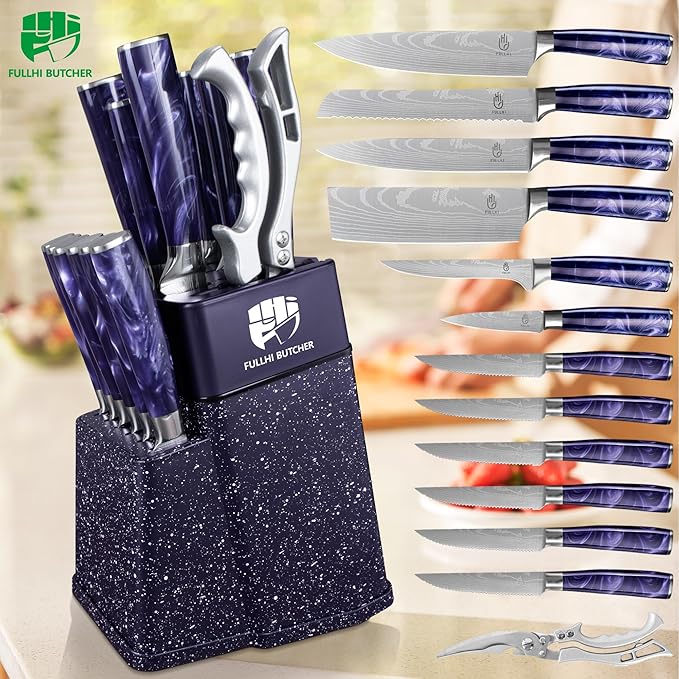 FULLHI 14pcs Block Knife Set, Chef's Knife Steak Knives Set - Image 7