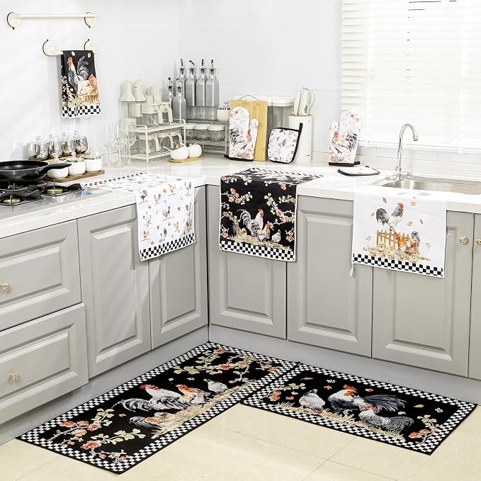 Fourluoo 10 Pcs Rooster Kitchen Dish Towels Rugs Oven Mitts and Pot Holders Set - Image 7