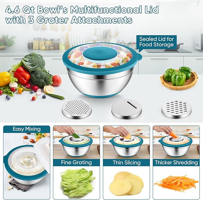 P&P CHEF Mixing Bowls with Lids Set of 3, Stainless Steel Mixing Bowl and - Image 3