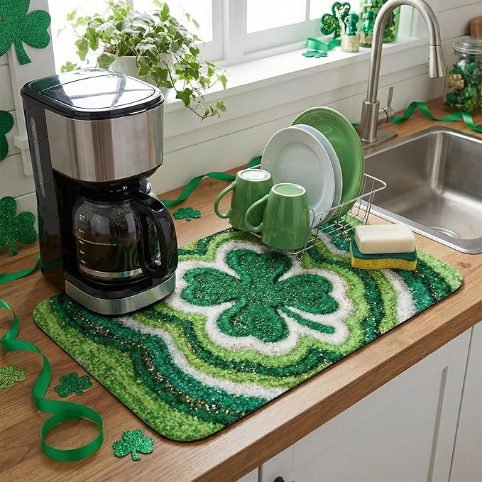 St Patrick’s Day Dish Drying Mat: 12’’x20’’ Green Shamrock Absorbent Counter by EazziSwitch