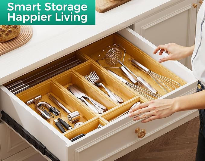 Long Bamboo Kitchen Drawer Organizer Boxes – 17" x 6" Stackable Wood Silverware - Image 3