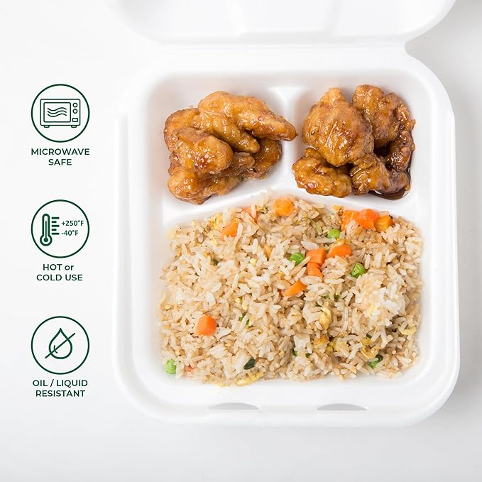Freshware Compostable Clamshell Food Containers 3-Compartment 50-Pack, - Image 4
