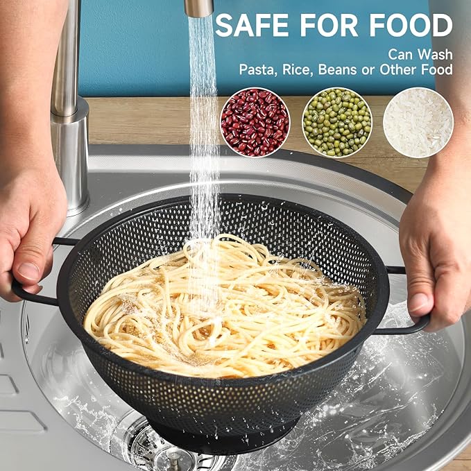Black Colander for Kitchen, Stainless Steel Pasta Strainer - Image 4