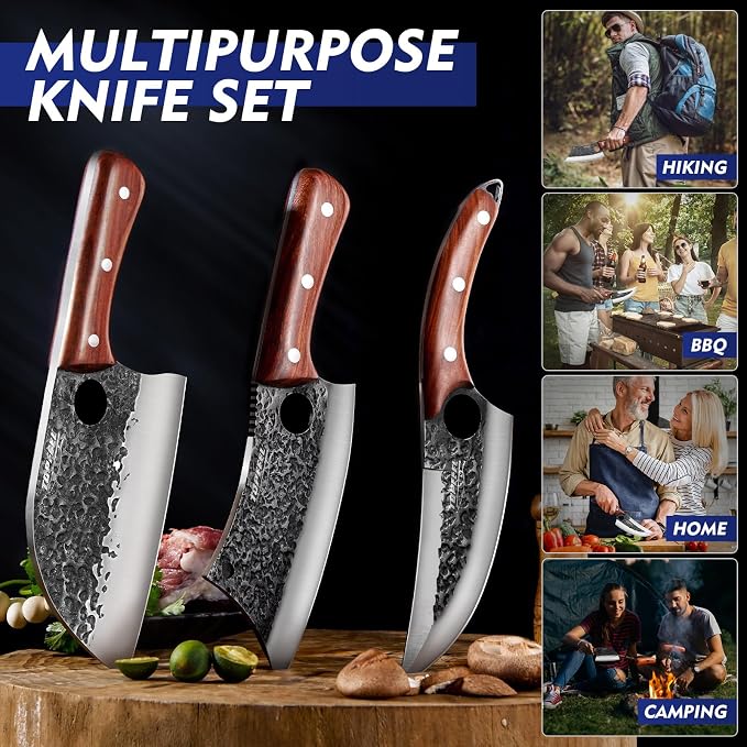 Topfeel 3PCS Butcher Knife Set, Hand Forged Serbian Chef Knives & Meat Cleaver - Image 3