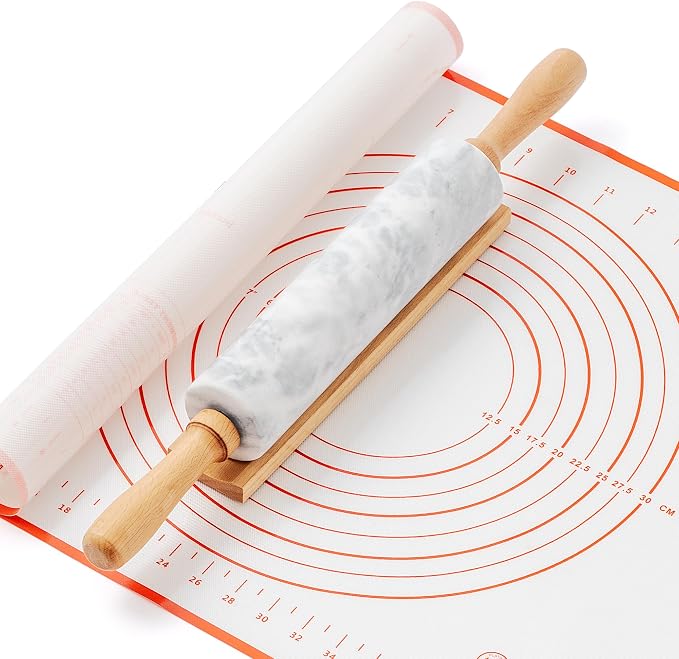 Marble Rolling Pin with Non-Stick Silicone Mat & Wood Base, 16.9-Inch Heavy by WORHE
