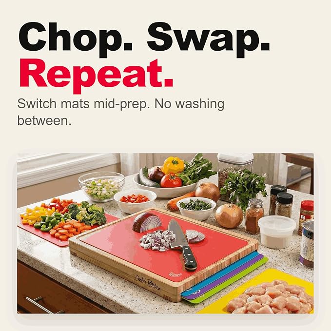 Bamboo Cutting Board Set with 6 Color Coded Mats with Food Icons, BPA-Free Non - Image 4