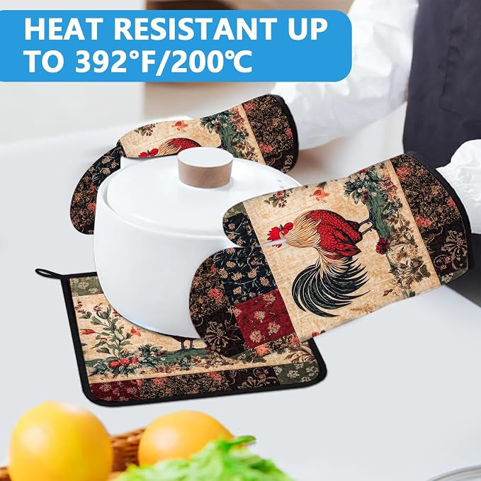 Rustic Rooster Oven Mitts and Pot Holders Sets Heat Resistant 4Pcs Potholders - Image 5