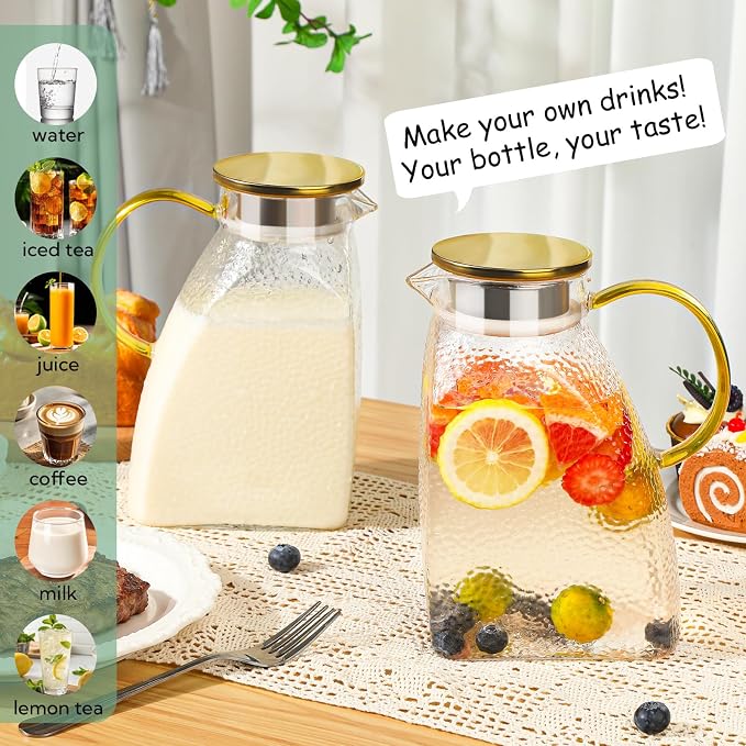 2 Pack Glass Pitcher with Lid and Handle, 1.8 Liter 60 oz Water Jugs - Image 5