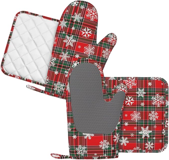 Christmas Plaid Snowflake Oven Mitts and Pot Holders Set - Image 2