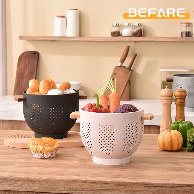 Metal Colander with Wood Handle and Stable Base, Powder Coated Steel Kitchen - Image 7
