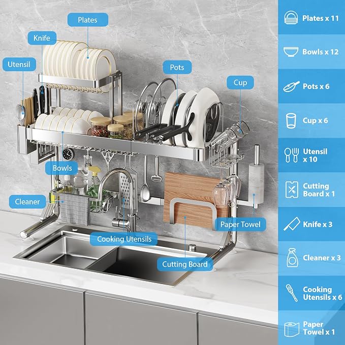 Over Sink Dish Drying Rack, Upgrade 2.5-Tier 304 Stainless Steel Dish Rack - Image 6