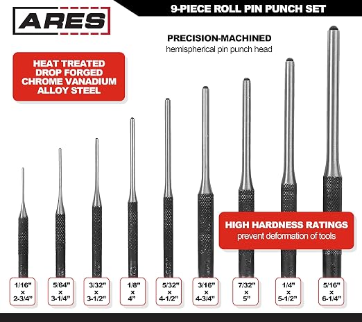 ARES 10021 – 9-Piece Roll Pin Punch Set – Durable Heat Treated and Drop Forged - Image 3