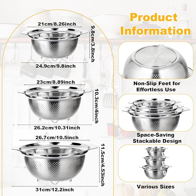 3 Pcs Stainless Steel Colander Strainer Set Metal Colander - Image 5