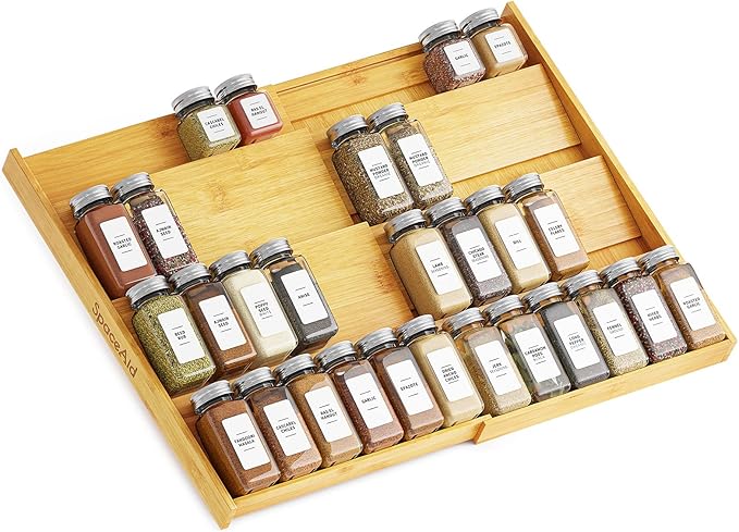 SpaceAid Bamboo Spice Drawer Organizer, Expandable 4 Tier Spices Rack by SpaceAid