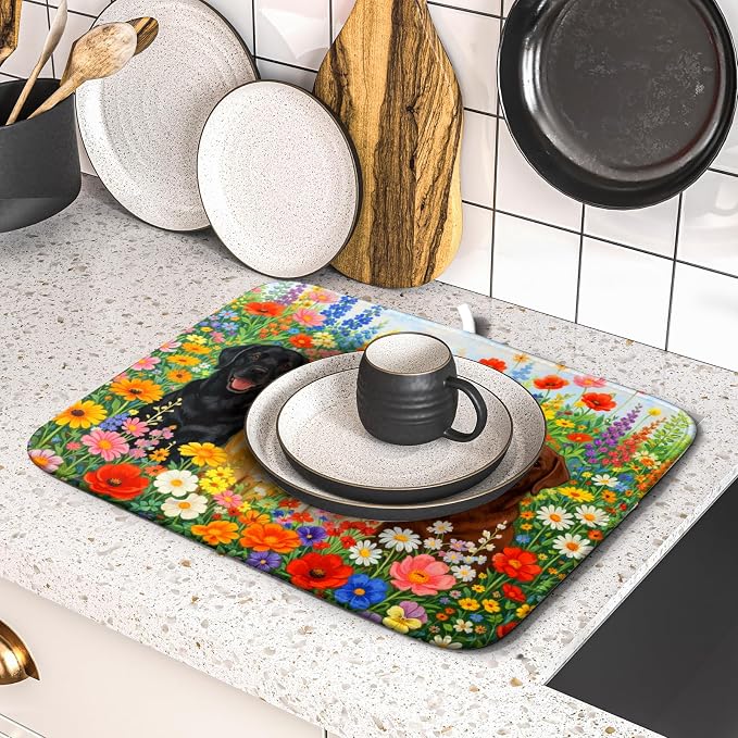 Flower Dog Dish Drying Mat Spring Floral Microfiber Absorbent Dish Drying Pad - Image 5