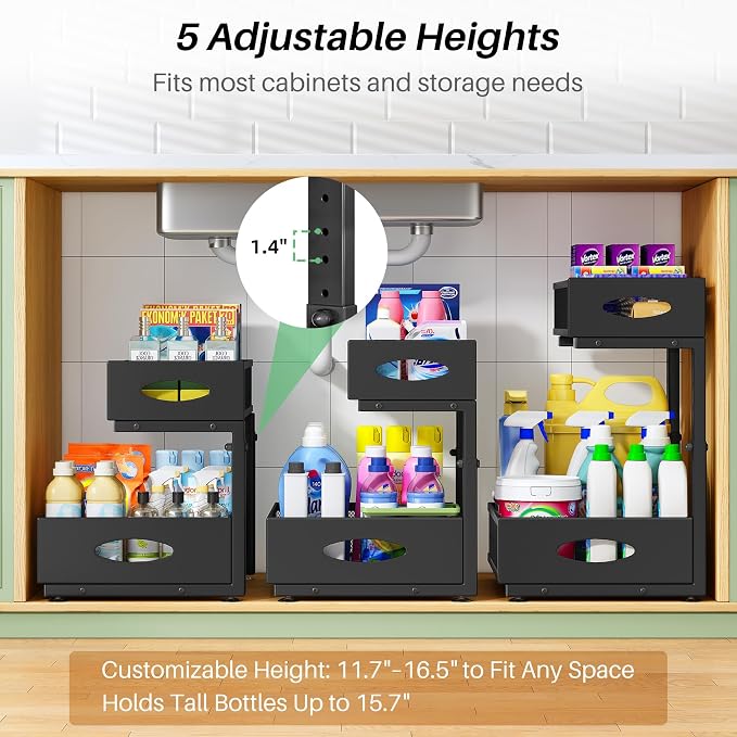 Under Sink Organizer, L-Shaped Adjustable Height, Mesh Sliding Drawer - Image 5
