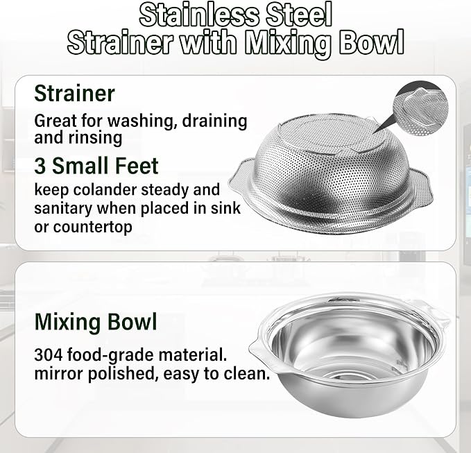 Stainless Steel Colander for Kitchen, 2.5QT Rice Washer Strainer - Image 3
