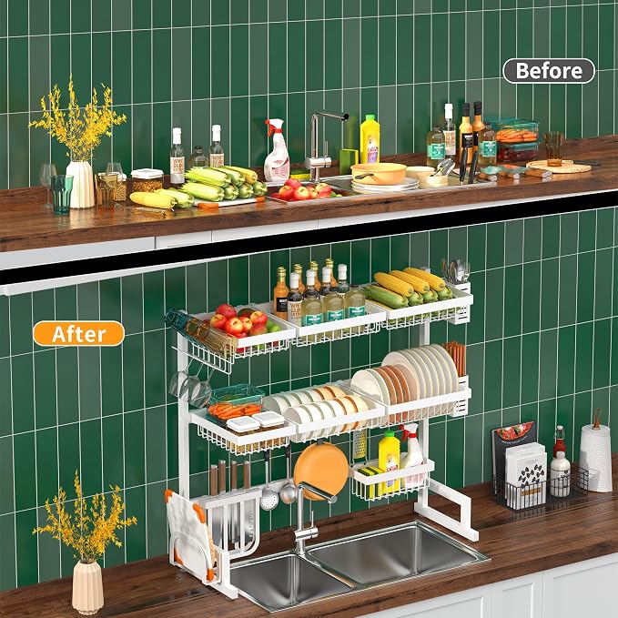 PUSDON Over Sink Dish Drying Rack Stainless Steel, Adjustable Large Dish Drainer - Image 2