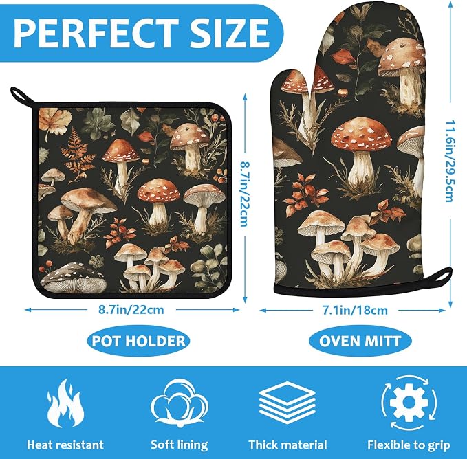 Watercolor Forest Mushroom Oven Mitts and Pot Holders Sets Heat Resistant 4Pcs - Image 2