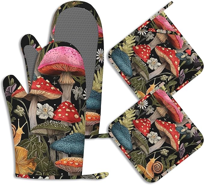 Mushroom Forest Oven Mitts and Pot Holders Cute Snail Wildflowers Silicone by BIGXIUKA