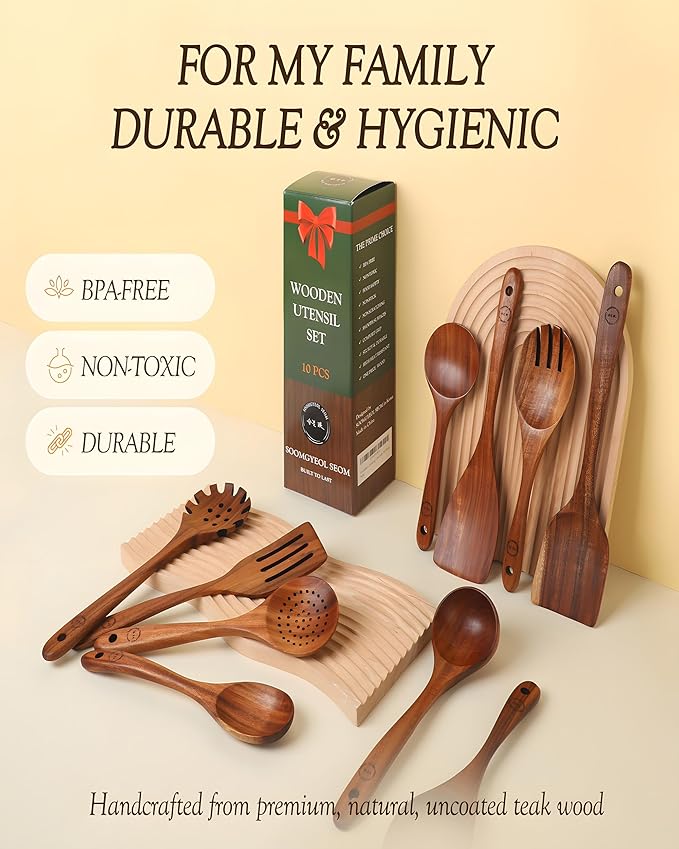 10-Piece Natural Teak Wood Utensil Set - Image 5