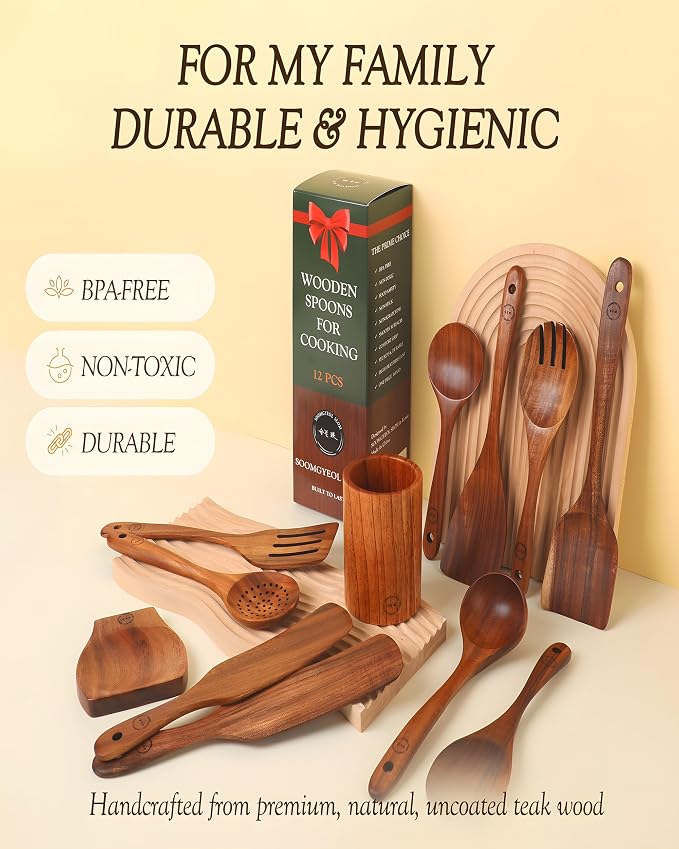 12-Piece Natural Teak Wood Utensil Set - Image 5